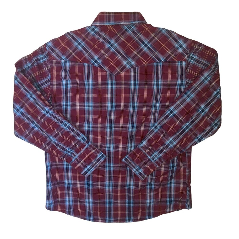 PEARL SNAP RED PLAID SHIRT SZ L TALL WRANGLER WESTERN ROCKABILLY RANCHER MENS - Picture 4 of 4